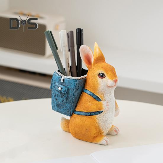 Rabbit Pen Holder Resin Bunny Figurine with Open Backpack Pencil Holder Decorative Rabbit Desk Organizer for Pens Pencils Makeup Brushes