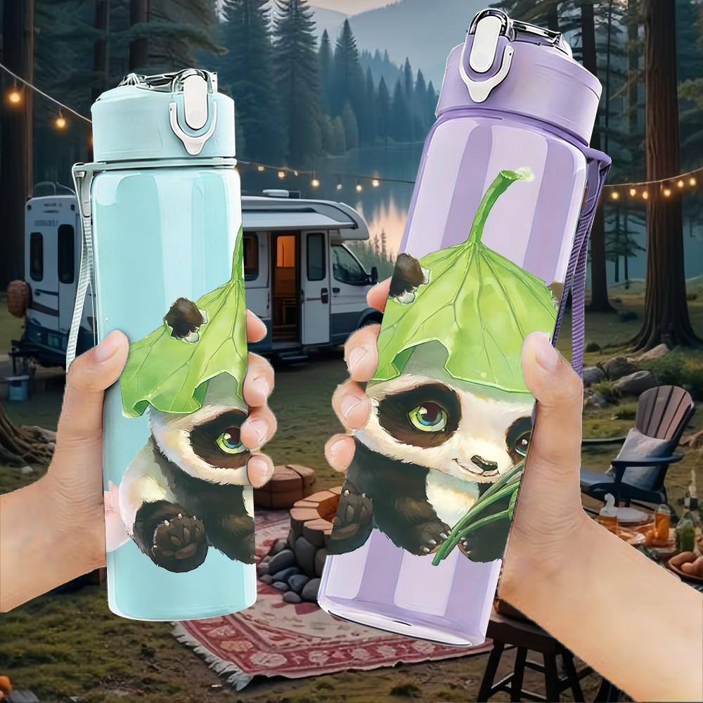 1PC Panda Under Green Leaf Canopy Pattern 750ml Color Plastic Sports Water Bottle Leakproof Flip Straw Lid Suitable for Sports Office Home Use