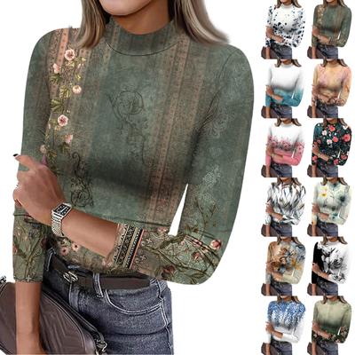 Women's Slim Bottom T-shirt Fashion Casual Gradient Printing Round Neck Pullover 3/4 Sleeve Top