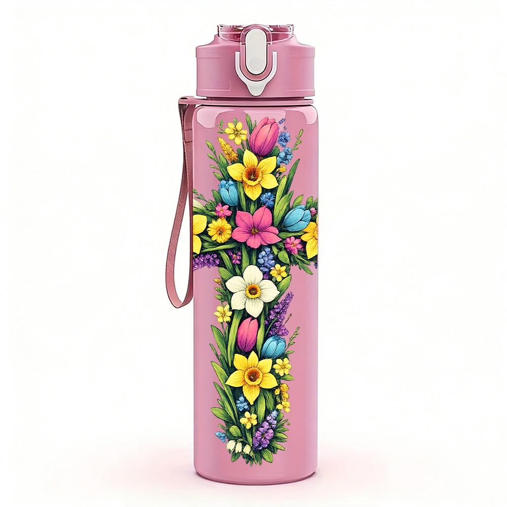 1PC Cross Flower Religious Decor Print 750ml Color Plastic Sports Water Bottle Leakproof Flip Straw Lid Suitable for Sports Office Home Use