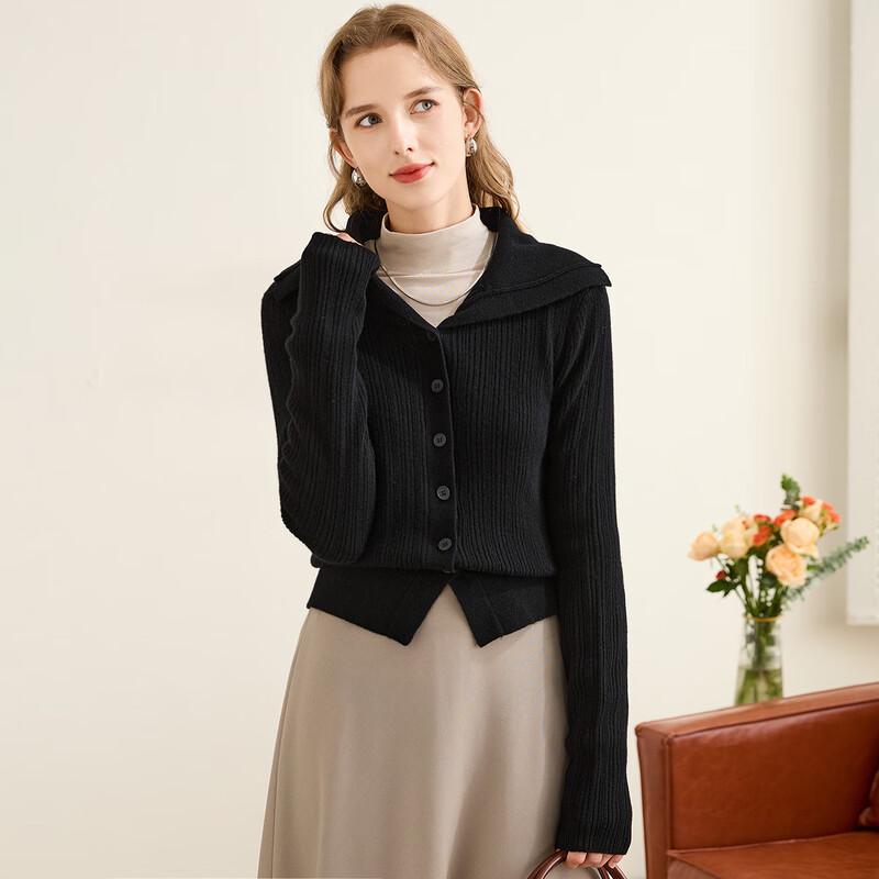 TUHUANG Women's Pure Wool Ribbed Sailor Collar Cardigan Sweater