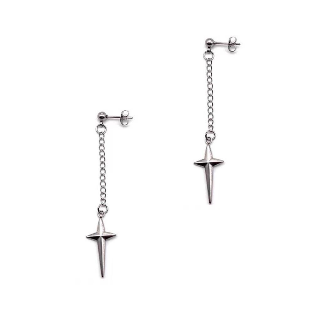 Hip Hop Trendy Stainless Steel Silver Color Star Cross Tassel Pendant Asymmetry Stud Earrings for Women Men Rock Punk Jewelry