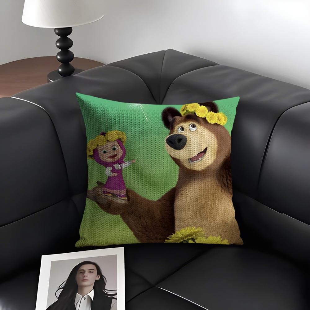 MMasha And The BearR Cartoon Cushion Cover Natural Linen Organic Fabric DoubleSided Printing Sofa Home Decor Gift Pillow Case