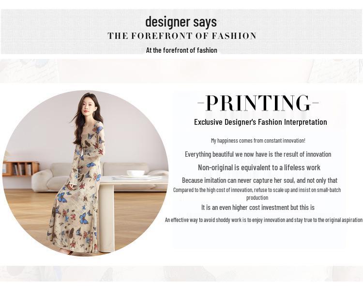 Retro Butterfly Print Long-Sleeve Dress - Slim Fit, Sexy Ruched Waist