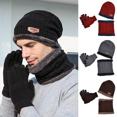 3Pcs Winter Beanies Hat Scarf Glove Sets Men Plush Lining Knitted Skiing Hats Touch Screen Gloves Neckerchief Bonnet 3 In 1 Hat Scarf Glove Set