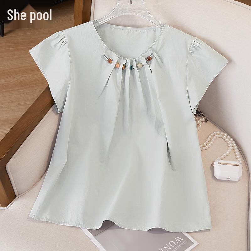 Women s Loose Beaded Ruched Round Neck Short Sleeve Top XXL