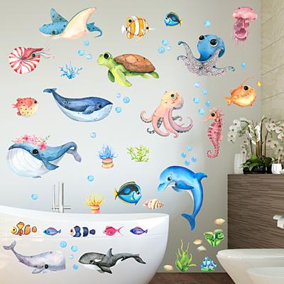 1 Set Wandaufkleber Meeresschildkröte Oktopus Fisch Cartoon selbstklebende helle Farbe PVC Meeresleben Wandposter Home Decor