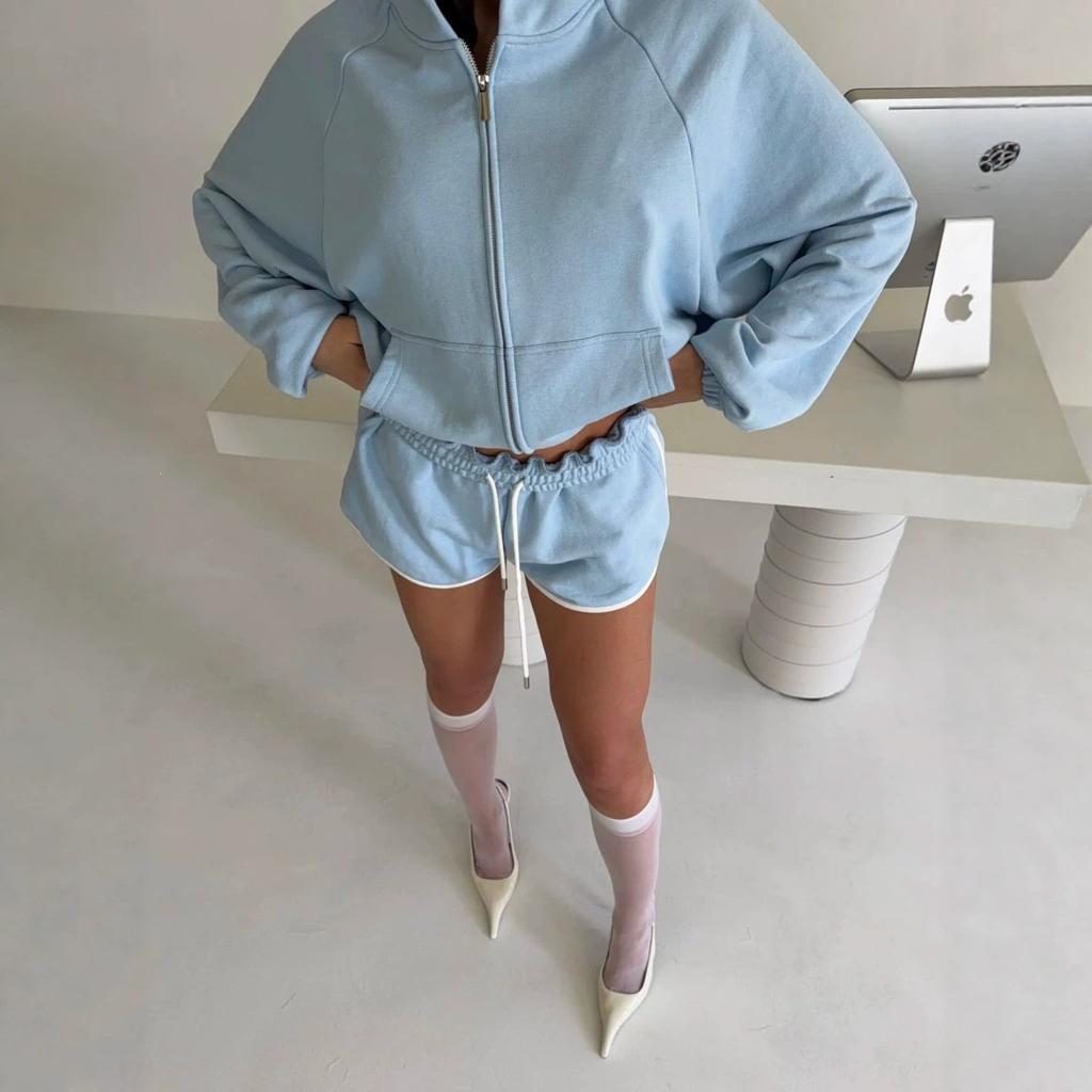 Hooded zipper short sweater set women, contrasting color hemming high waist sports shorts two-piece set