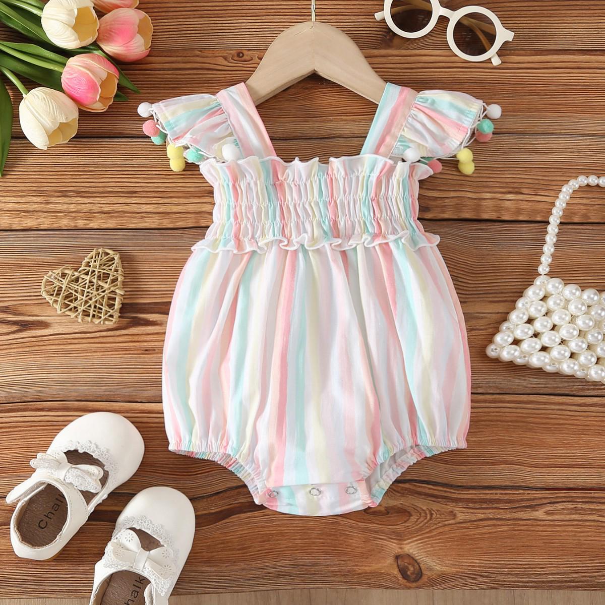 

Girls Striped Summer Sundress 2025 - Korean Style Flutter Sleeve Romper 66 cm