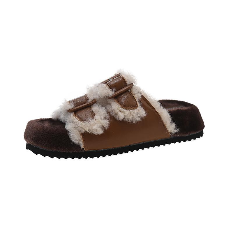 Soft waxy soft waxy~ winter warm thickened wool cotton shoes women's versatile one-button thick-soled fluffy slippers tide.
