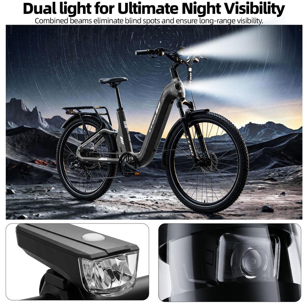 Bicicletă Electrică TTGO E-SUVO Motor 250W Baterie 48V15Ah Autonomie Maximă 120km Anvelope 27.5“ × 2.4” Cadru Suspensie Completă Frâne cu Disc Hidraulice Shimano 7 viteze