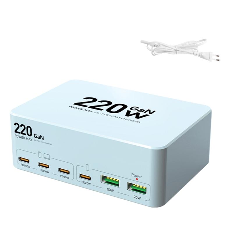 Multi Port Fast Charging Station 220W Power Adapter with Type C & USB Port Allows 6 Devices Simultaneously Charging