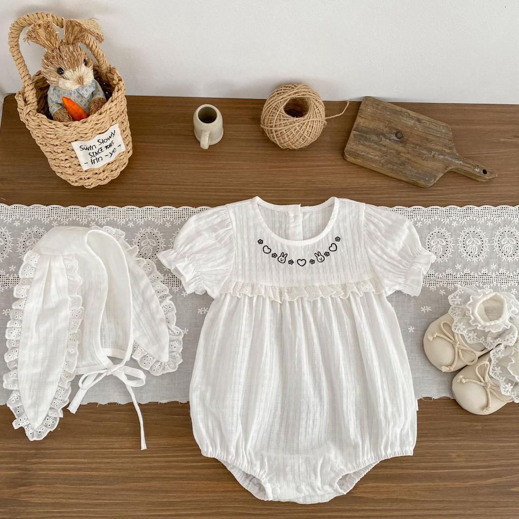 Baby Girl Summer Short Sleeve Romper with Cute Bunny Embroidery and Matching Hat