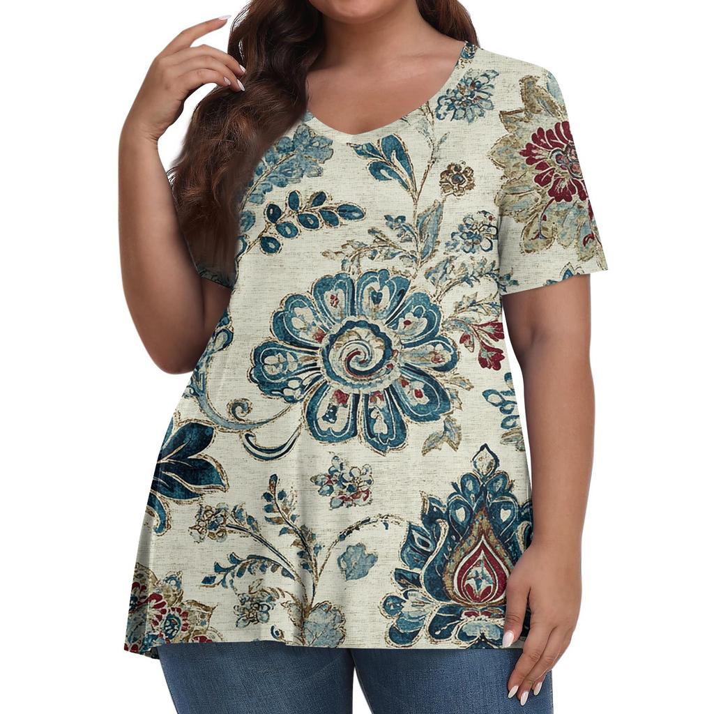 Women's Fashion Casual V-Neck Pullover Short Sleeve Large Size Vintage Printed Top