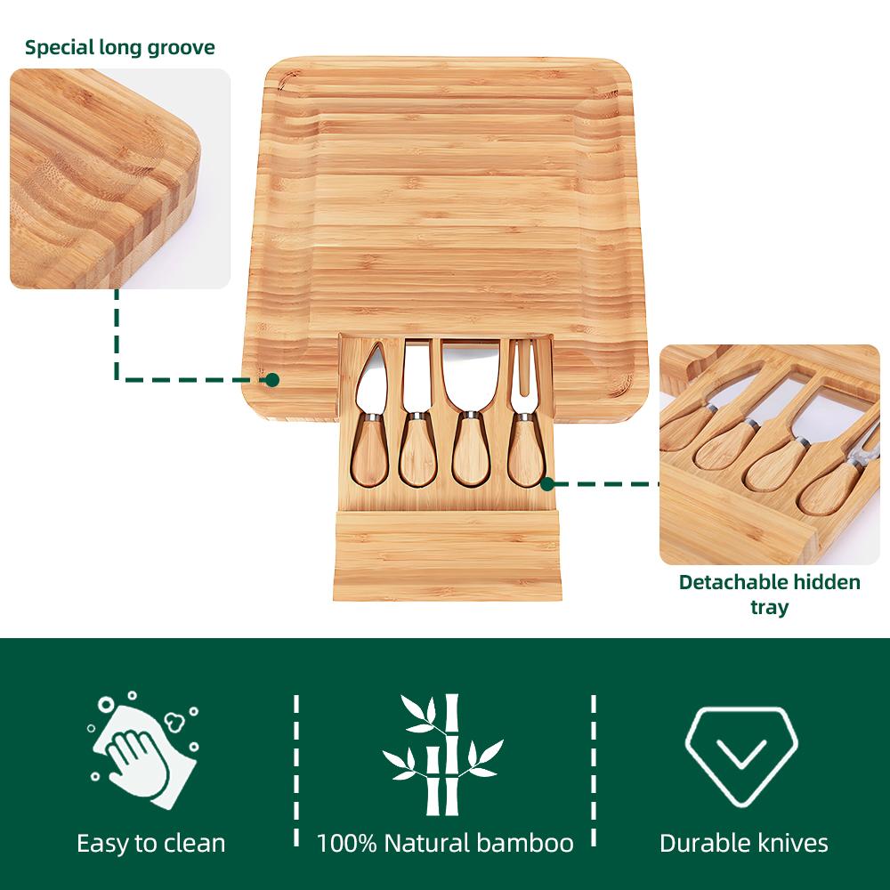 Charcuterie Boards Gift Set with 4 Cheese Knives Large Square Bamboo Cheese Boards with Hidden Utensil Drawer Partition Food Sto
