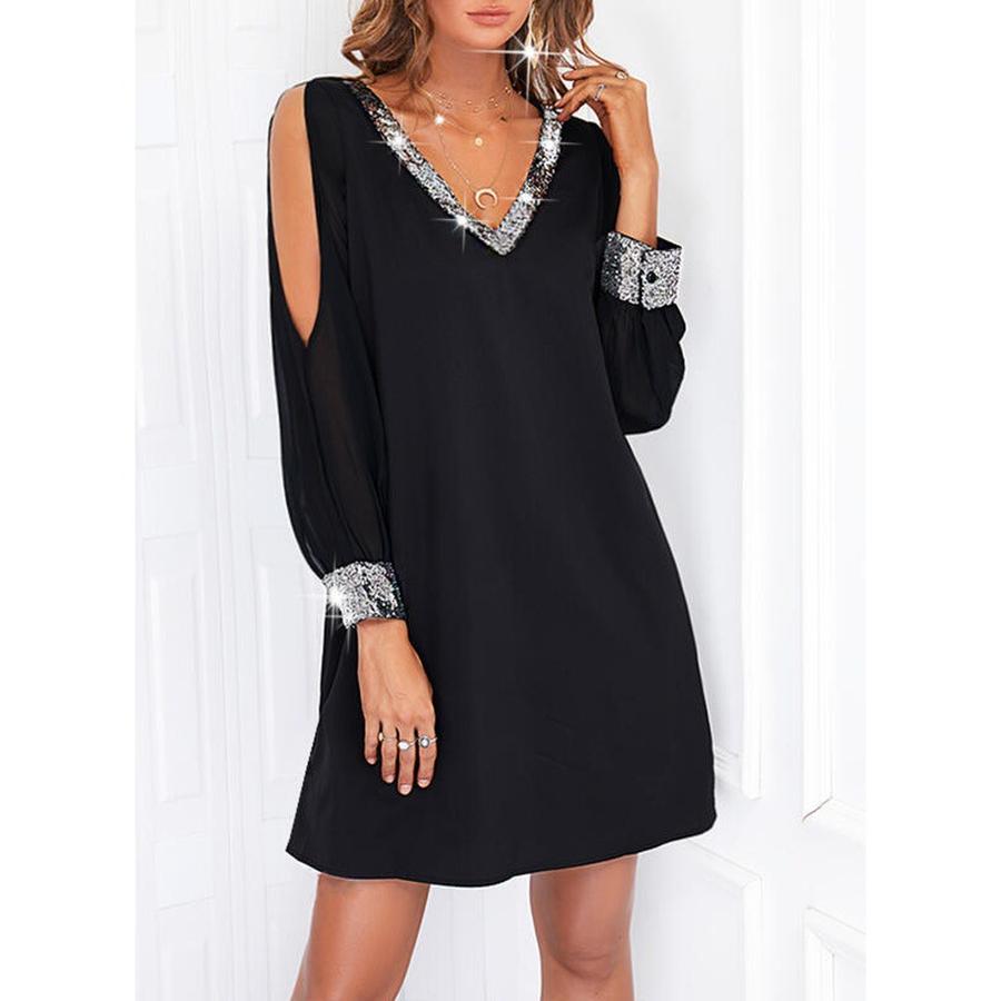 New Women's Solid Color Off-Shoulder Sleeve Casual Fashion Deep V-Neck Patchwork Dress