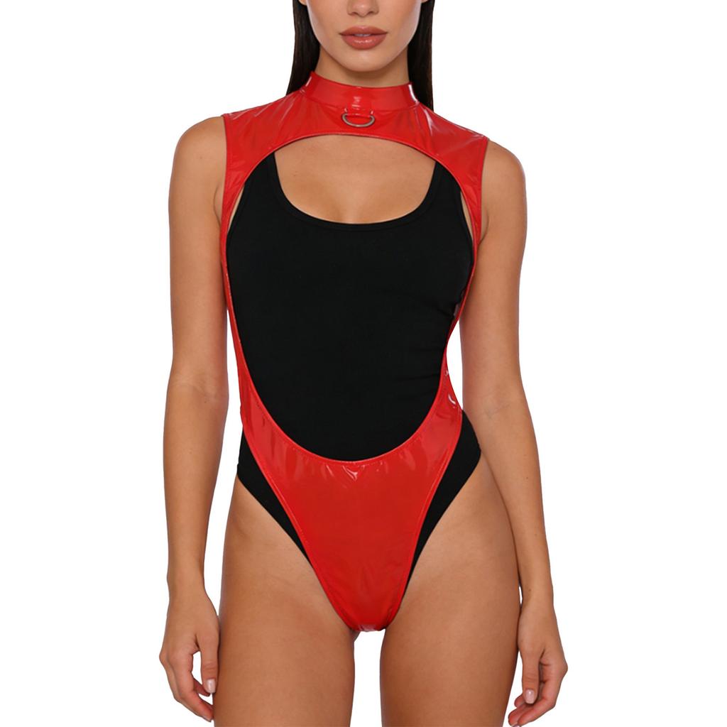 Womens Glossy Pu Leather Bodysuit Mock Neck Metal D Ring Open Front Backless High Cut Leotard