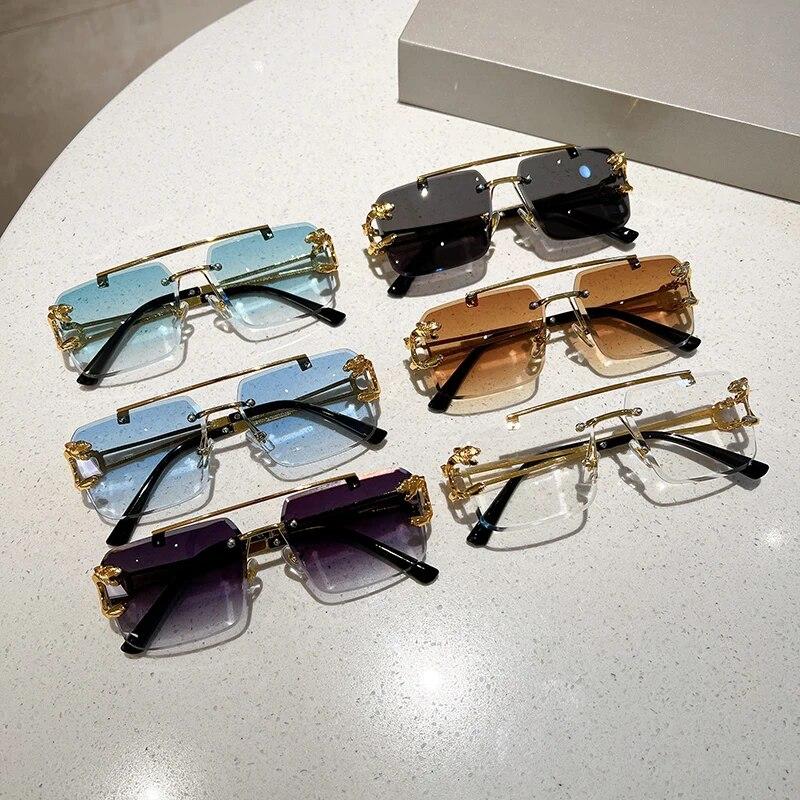 Rimless Square Double Bridge Sunglasses Fashion Stylish For Women Vintage Trend Brand Design Men Shades Eyewear