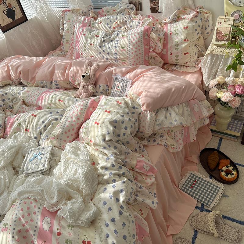 3/4Pcs Korean Princess Style Floral Ruffles Bedding Set Skin-friendly Soft Duvet Cover Set Bed Sheet Or Bed Skirt Pillowcases