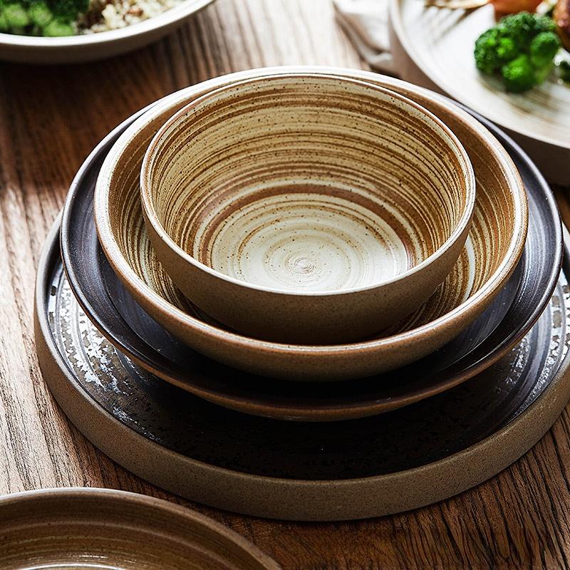 Japanese Ceramic Dishes Creative Retro Coarse Pottery Eating Bowl Dish Hand-made Plate Household Fish Plate Steak Plate