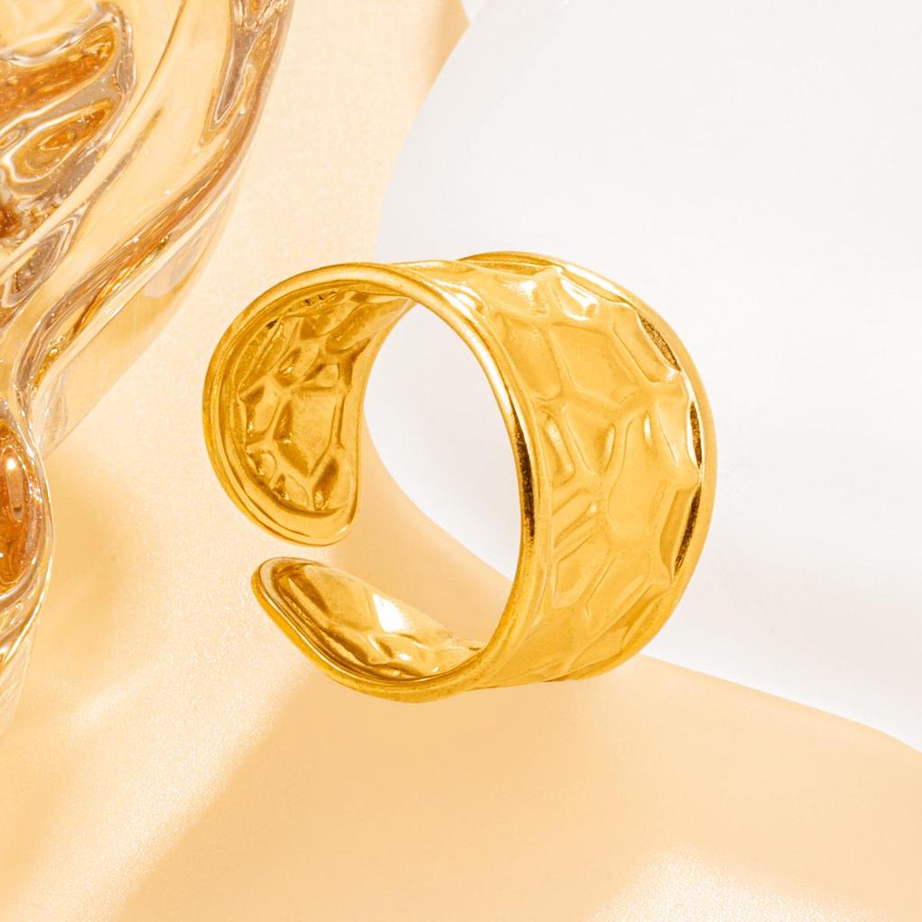 Wide Geometric Textured Stainless Steel Open Ring for Women