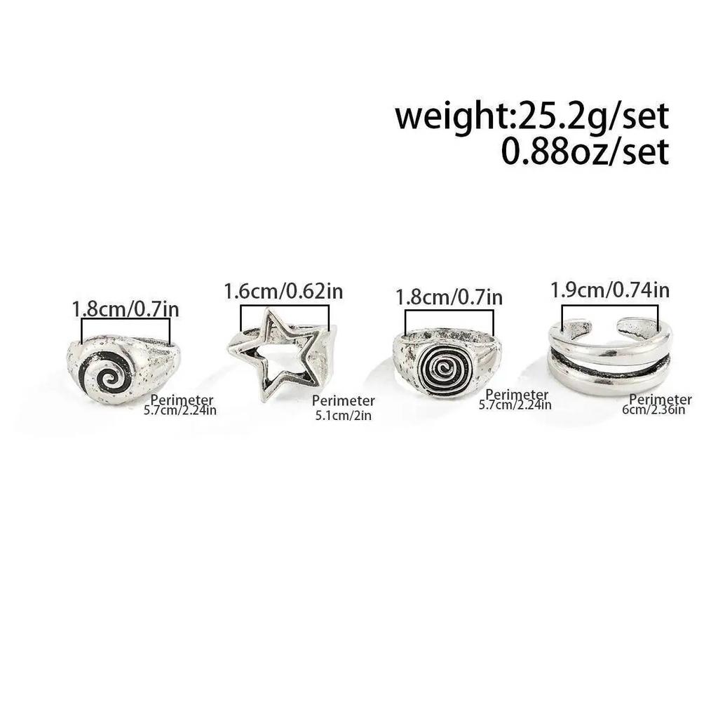 Ingemark 4Pcs/Set Punk Retro Five-Pointed Star Spiral Wide Rings Men Creative Hip-Hop Thick Finger Rings Set Steampunk Jewelry