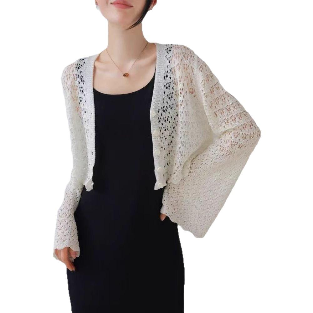 Female Hollow V-neck Knitted Cardigan Thin Cover Long Sleeved Solid Color Top Fashionable
