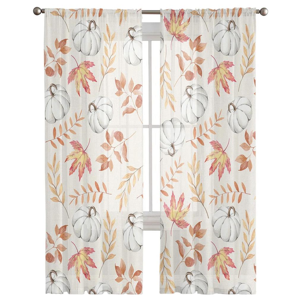 Javorový list Bílá dýně Ložnice Průhledné průsvitné závěsy Sváteční dekorace Okno Voál Tylový závěs