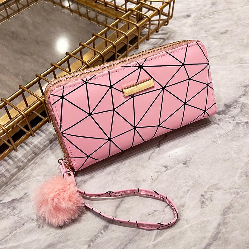 Women's Long Wallet New Multi-card Double Zipper Clutch Bag Rhombus Hairball Women's Wallet