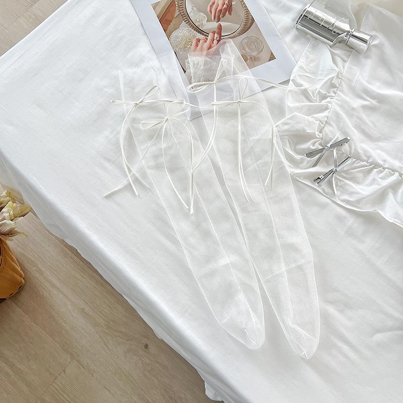 Ballet-style Socks for Women In Summer, Ultra-thin Mesh Sheer Transparent Crystal Mid-calf Socks with Ribbons and Bows, Sweet Stack Socks Jk