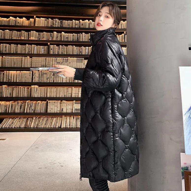 Down Padded Jacket Women's Mid-length Stand-up Collar Winter Korean Version Shiny Over-the-knee Padded Jacket Large Size Loose Solid Color Coats