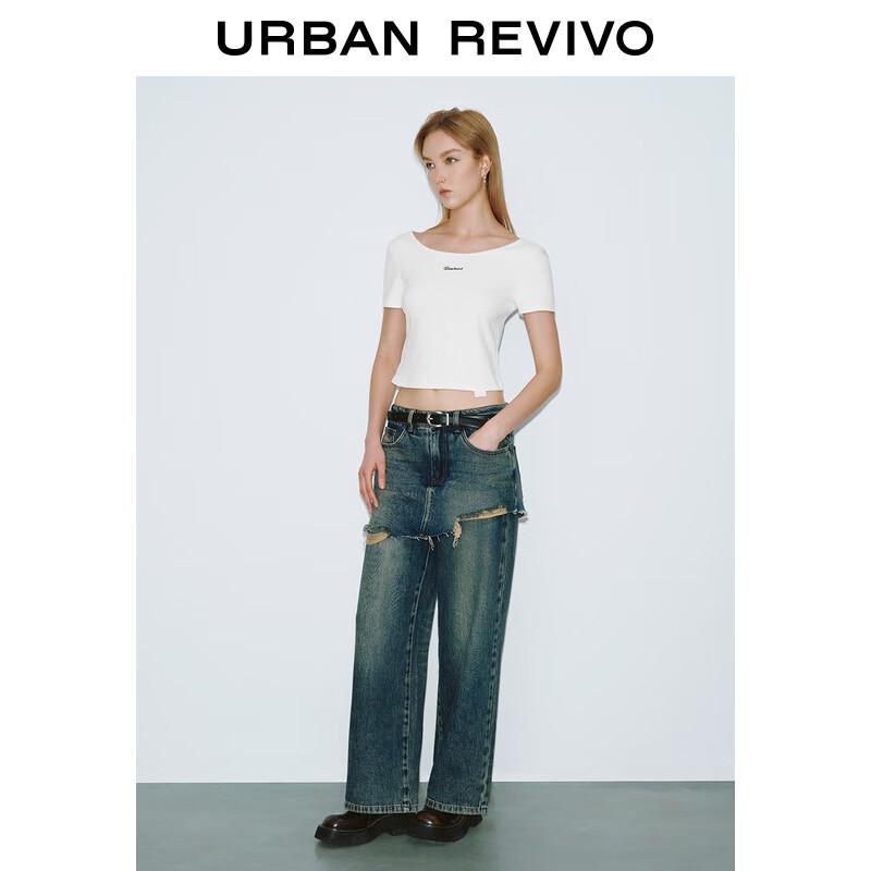 UR 2025 Women's Back Ribbon Letter Embroidered Short Sleeve T-Shirt