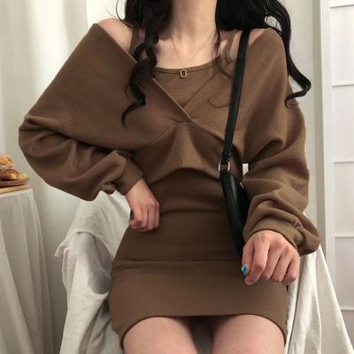 French Temperament Slip Dress + Blouse T-shirt Long Sleeve Suit Women's Thin Solid Color Dress