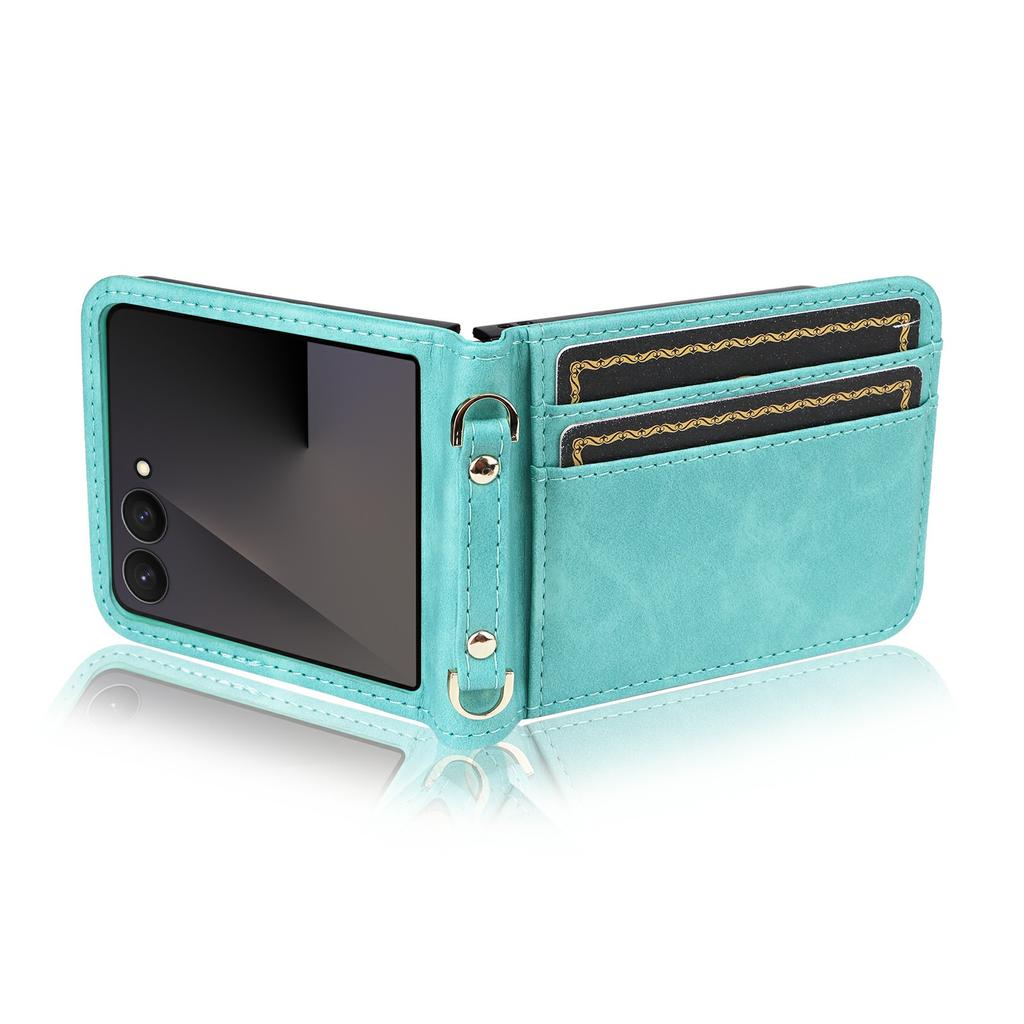 For Samsung Galaxy Z Flip7 5 Case Card Slots Leather Phone Cover with Lanyard