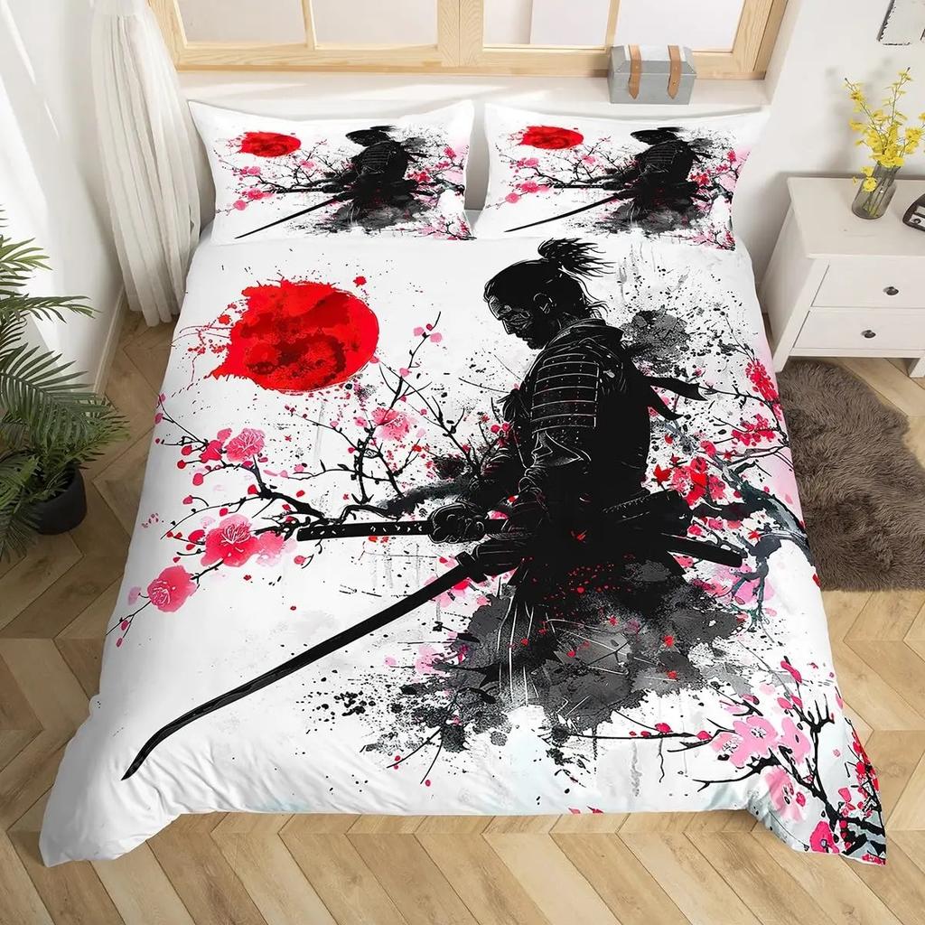 Japanese Samurai Bedding Set Full Size Cherry Blossoms Comforter Cover Red Sun Hokusai Duvet Cover Fuji Mountain Quilt Cover