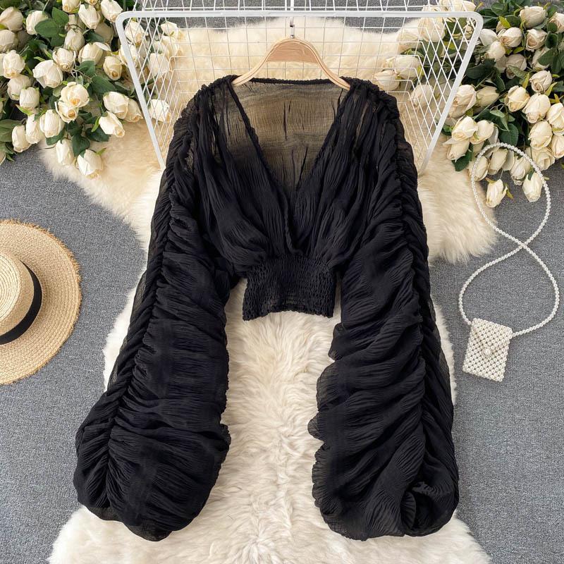 Women's Top with a Stylish Design, Pleated Puff Sleeves, Slim Fit, Short Length, Fashionable and Versatile Chiffon Shirt