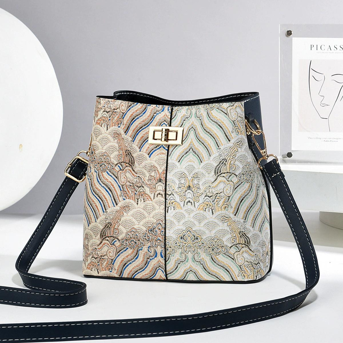 Женская плечевая сумка в этническом стиле с принтом и пэчворком, большая сумка-ведро, сумка через плечо для женщин темно-синий