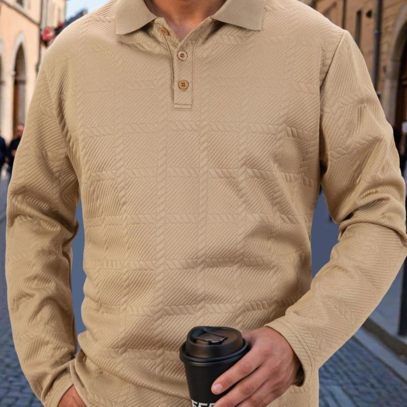 2026 Men s Fashion Casual Long-sleeved T-shirt with Loose Threaded Collar Men s Casual Sports Polo Shirt S хаки
