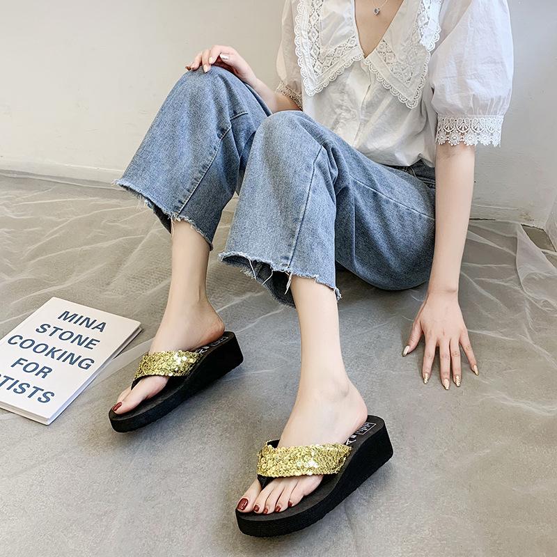 Glitzer, Zehensandalen, Damen, Keilabsatz, Dicke Sohle, Hausschuhe, Strandschuhe, Pantoletten, Glänzend, Damenpantoletten