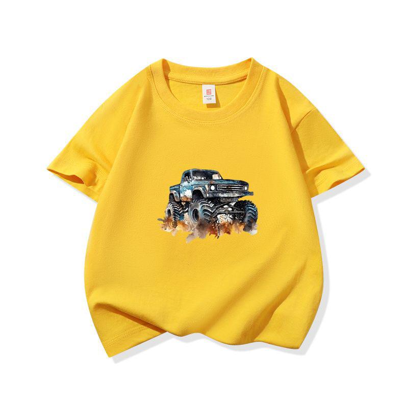 Kids Cotton T Shirt Trendy Watercolor Offroad Car Print Crew Neck Short Sleeve Tee Casual Boys Girls Summer Tops