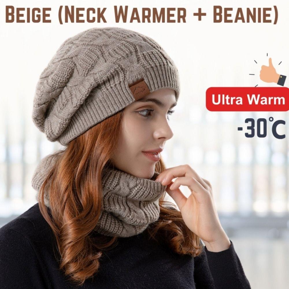 Stylish Design Thermal Knit Cap Thicken Warm Wool Hat Winter Beanie Hat Scarf Set  Women/men