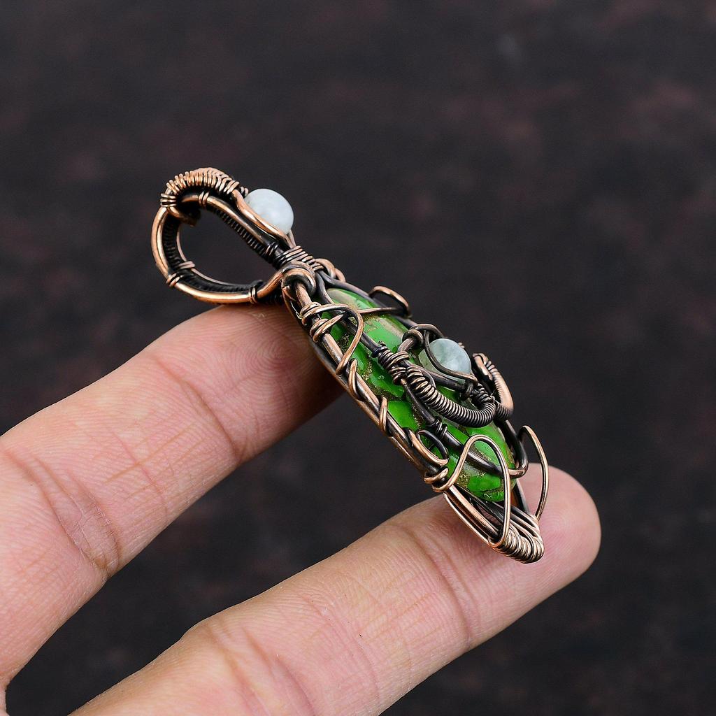 Copper Green Turquoise Pendant Evil Eye Pendant Copper Wire Wrapped Gemstone Pendants Moonstone Pendant Handmade Pendant Copper Wire Jewelry