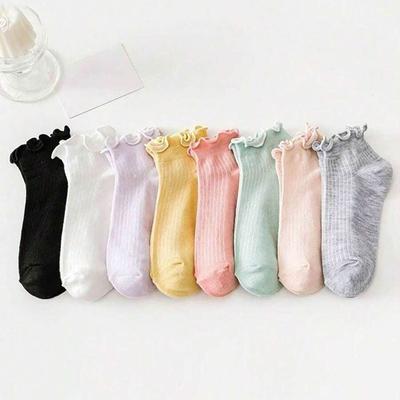 8 Paires Femmes Chaussettes Courtes Colorées Tendance Polyvalentes Les Détails Plissés Sont Décontractés Doux Confortables Respirantes