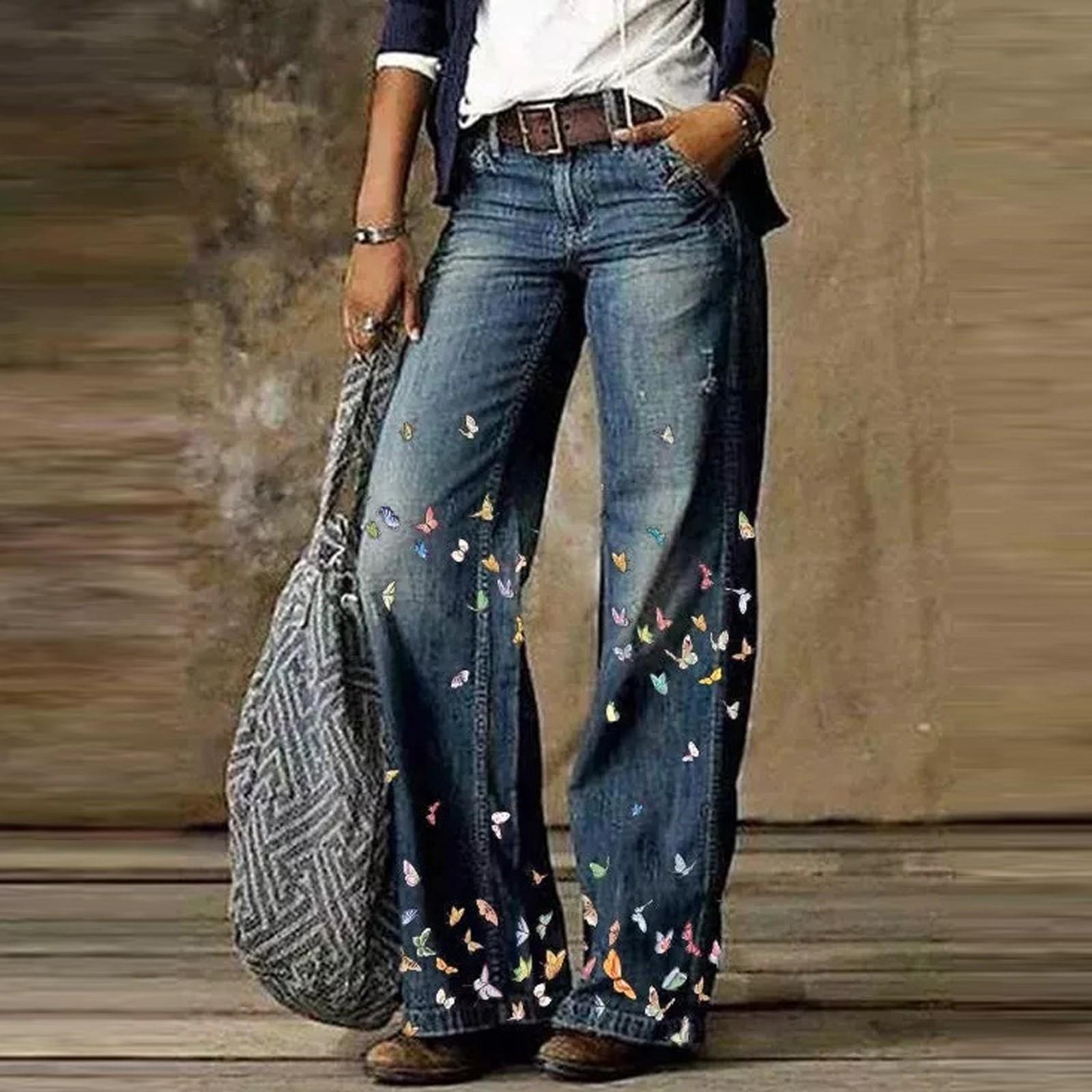 

Женские широкие прямые повседневные брюки с карманами на молнии с цветочным принтом и пуговицами без пояса, брюки из искусственного денима с высокой талией M синий