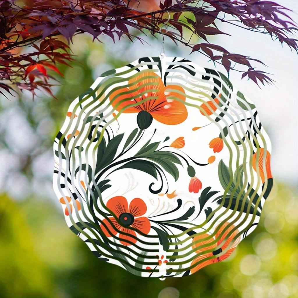 25.4 cm Floral Metal Wind Spinner with 360° Rotating Hooks Vibrant Orange Flowers Green Leaves for Garden Patio Balcony Outdoor Decor