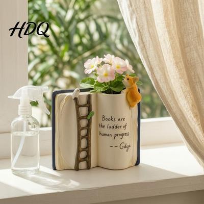 Niche Design Desktop Decor Book Shaped Flower Pot Creative Planter with Ladder Puppy And Bird for Unique Desk Ornament Succulents & Small Plants,