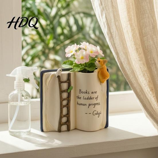 Niche Design Desktop Decor Book Shaped Flower Pot Creative Planter with Ladder Puppy And Bird for Unique Desk Ornament Succulents & Small Plants,