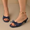 Summer New Women's Bow Decorated High Heels Square Toe Fashion Temperament One-word Rear Air Sandals Slippers