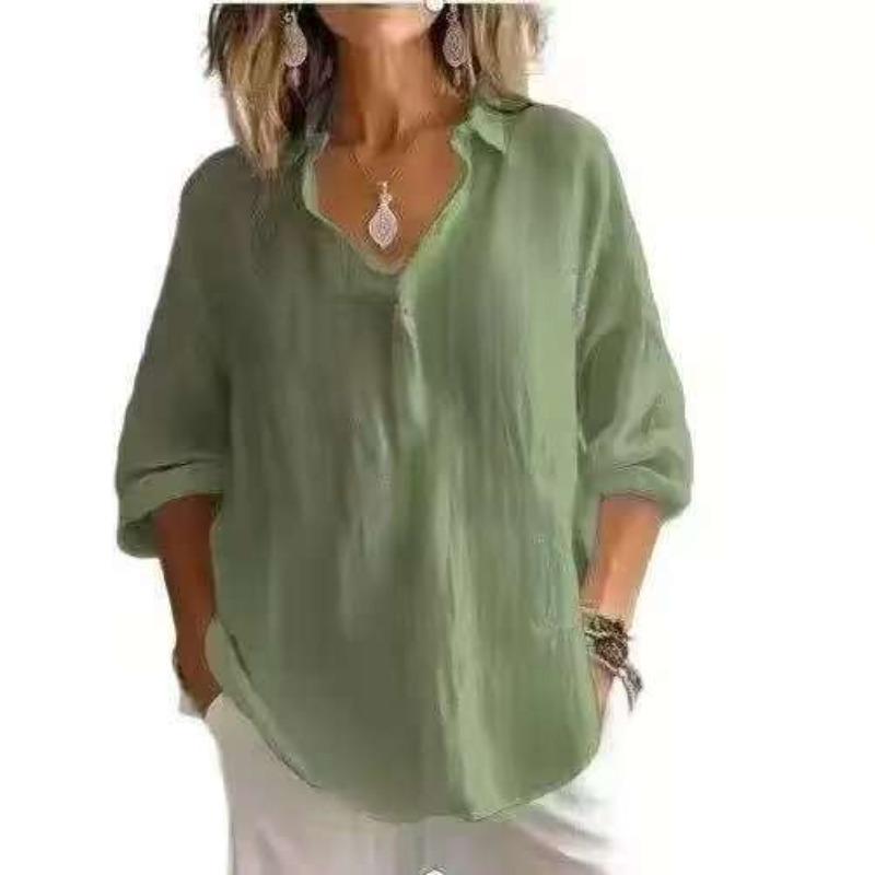 Spring and Summer New Style Solid Color Comfortable Loose Large-Sized V-Neck Long-Sleeve Women's Shirt