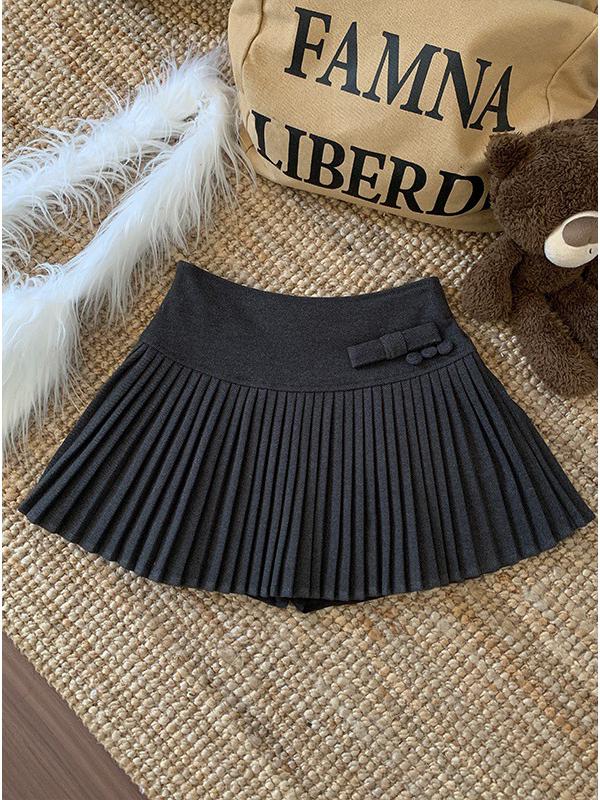 Women's Plus Size High-Waisted Woolen Pleated A-Line Skirt with Bow
